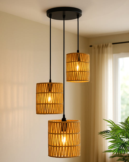 Homesake® Natural Raffia Triple Pendant Cluster Light, Boho Handwoven Textured Hanging Lamp, Modern Organic Interiors, Woven Pendant Light, Ceiling Pendant Light