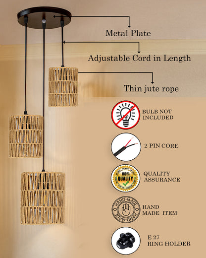 Homesake® Natural Raffia Triple Pendant Cluster Light, Boho Handwoven Textured Hanging Lamp, Modern Organic Interiors, Woven Pendant Light, Ceiling Pendant Light