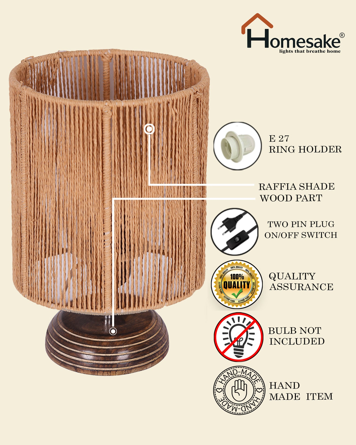 Homesake® Natural Weave Rope Table Lamp | Handcrafted Boho Bedside Light with Wooden Base | Warm Ambient Home Decor, Livra Collection, Lighting & Office Decor Light