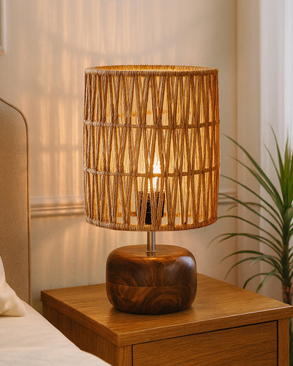 Homesake® Natural Weave Rope Table Lamp | Handcrafted Boho Bedside Light with Wooden Base | Warm Ambient for Night Lamp, Bedroom, Living Room, Study, Kids Room, Livra Home Decor, Ovolo