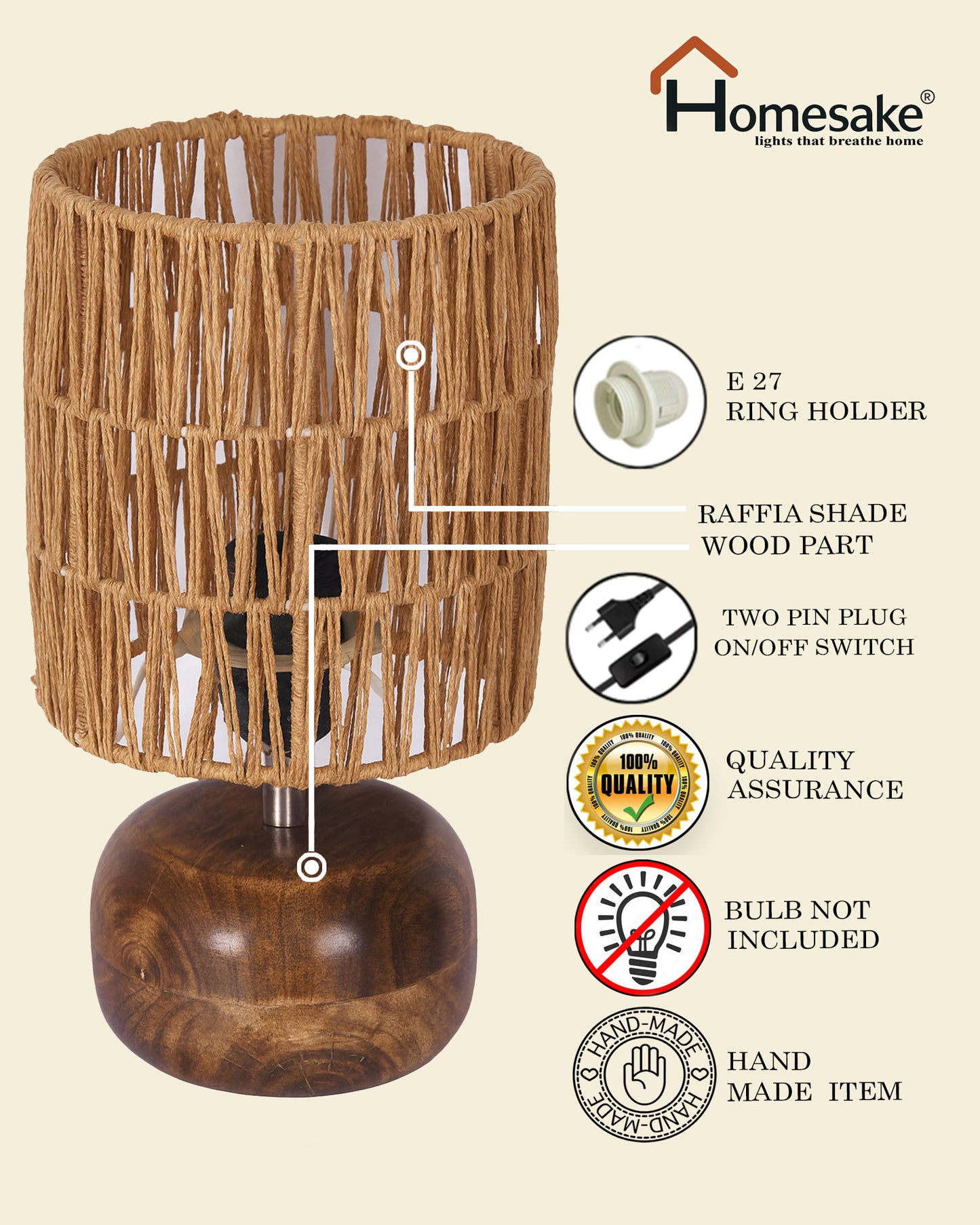 Homesake® Natural Weave Rope Table Lamp | Handcrafted Boho Bedside Light with Wooden Base | Warm Ambient for Night Lamp, Bedroom, Living Room, Study, Kids Room, Livra Home Decor, Ovolo