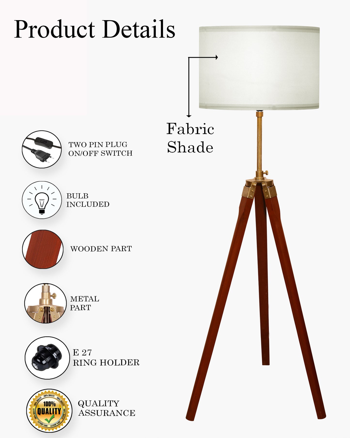 Homesake® Marinor Tripod Floor Lamp | Wooden Nautical Design with Fabric Shade | Living Room & Bedroom Home Decor Lighting