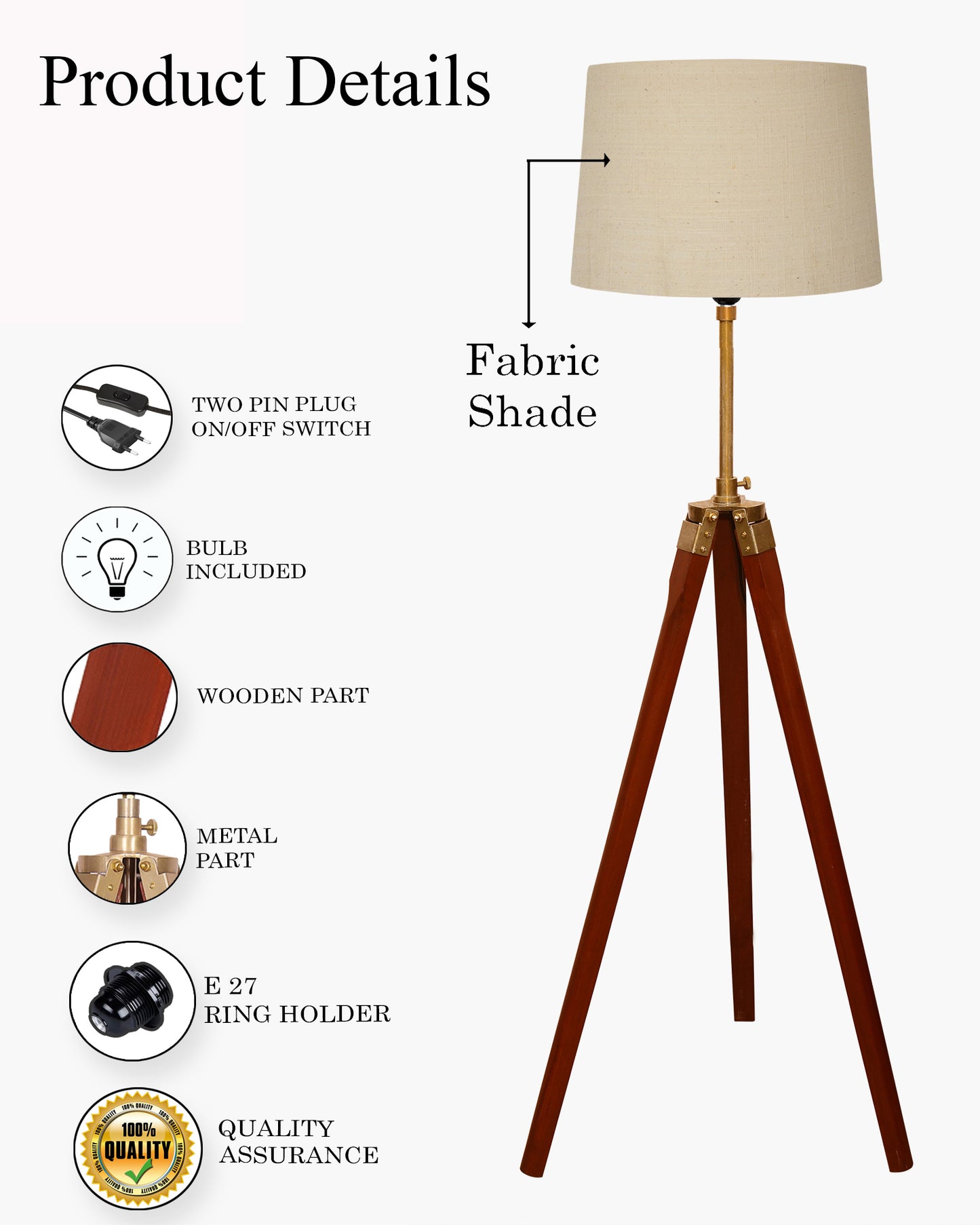 Homesake® Marinor Tripod Floor Lamp | Wooden Nautical Design with Fabric Shade | Living Room & Bedroom Home Decor Lighting