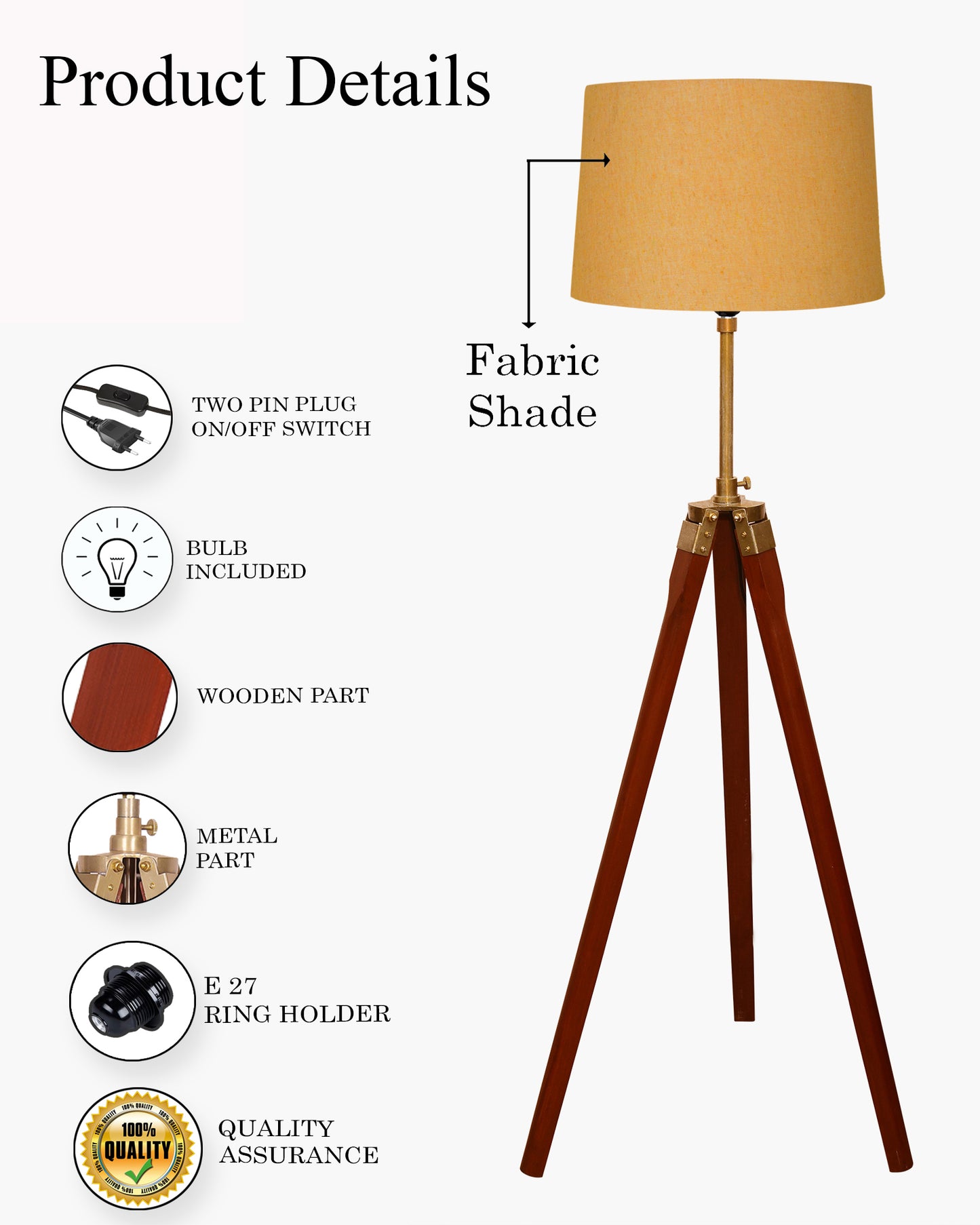 Homesake® Marinor Tripod Floor Lamp | Wooden Nautical Design with Fabric Shade | Living Room & Bedroom Home Decor Lighting