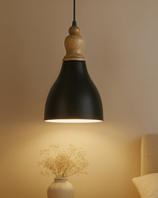 Homesake® Vanora Wooden Top Black Pendant Light for Living Room | Modern Dome Hanging Lamp for Bedroom & Dining | Wood Metal Warm Light, Croft, Step