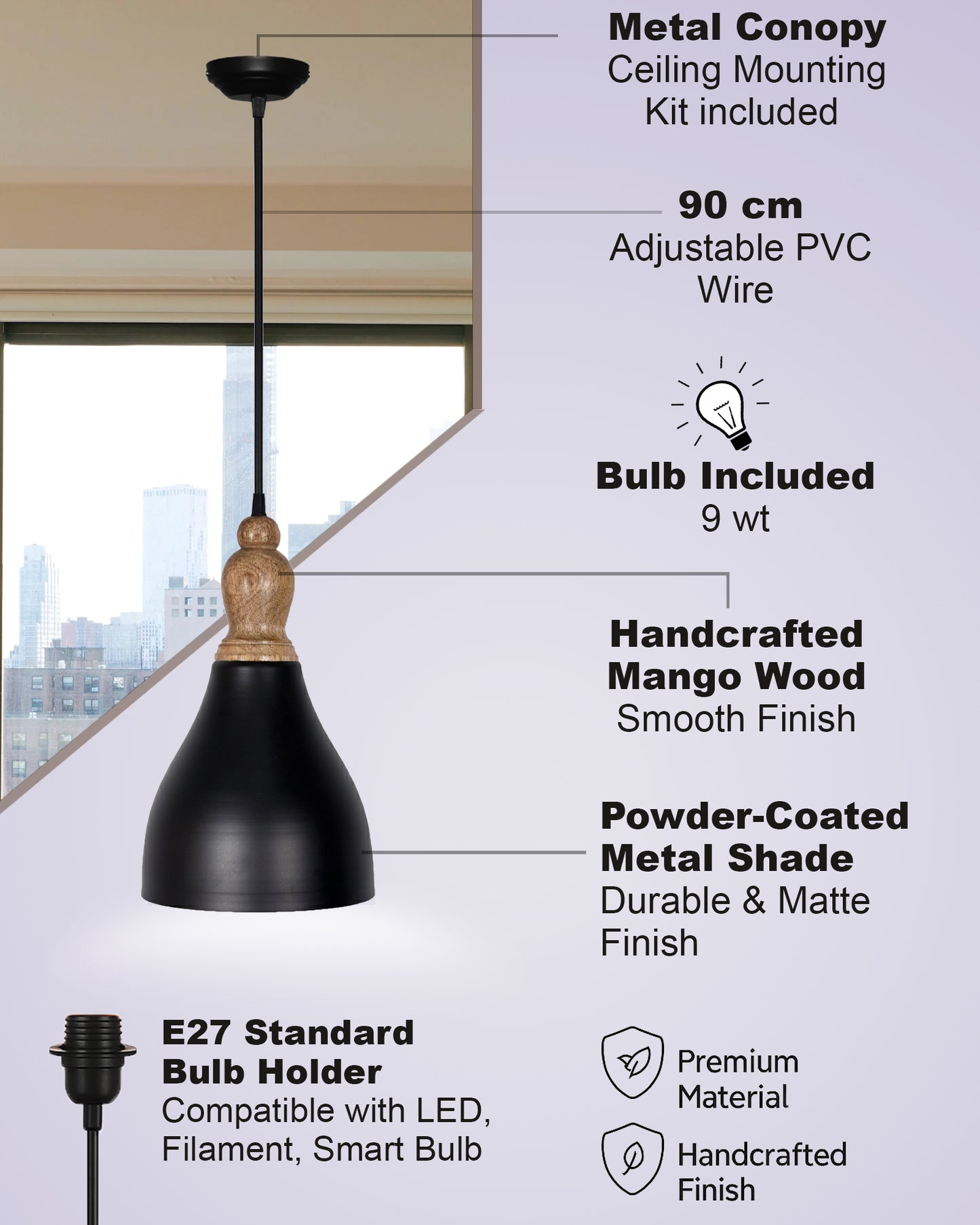Homesake® Vanora Wooden Top Black Pendant Light for Living Room | Modern Dome Hanging Lamp for Bedroom & Dining | Wood Metal Warm Light, Croft, Step