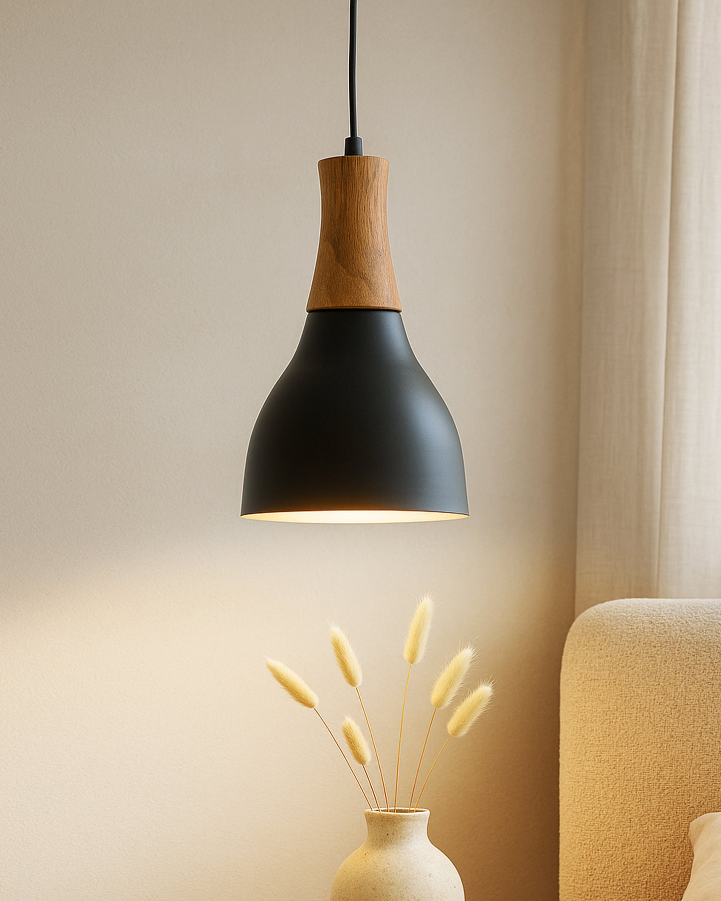 Homesake® Vanora Wooden Top Black Pendant Light for Living Room | Modern Dome Hanging Lamp for Bedroom & Dining | Wood Metal Warm Light, Croft, Step