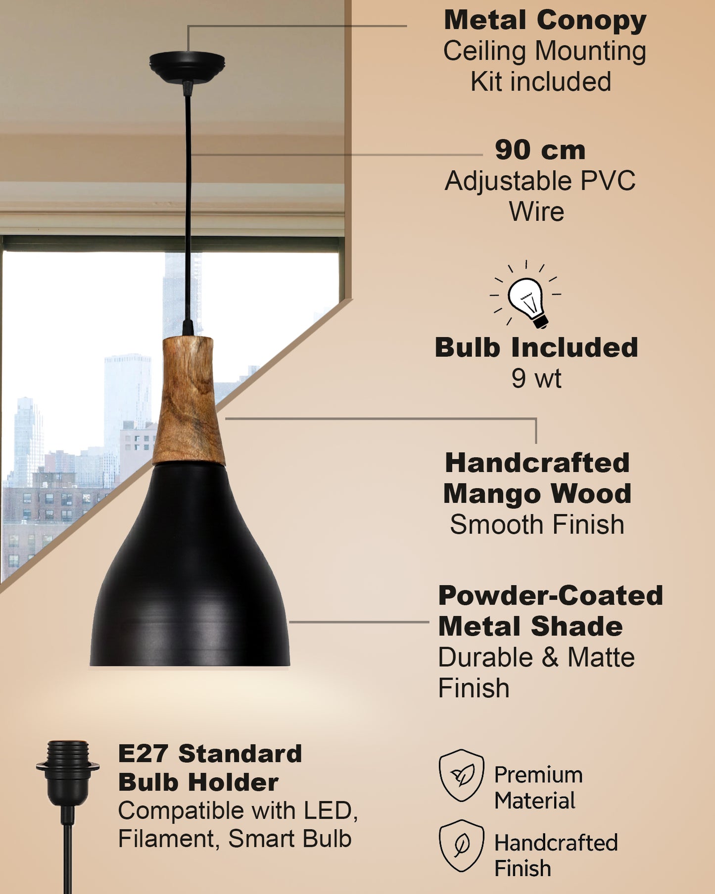 Homesake® Vanora Wooden Top Black Pendant Light for Living Room | Modern Dome Hanging Lamp for Bedroom & Dining | Wood Metal Warm Light, Croft, Step