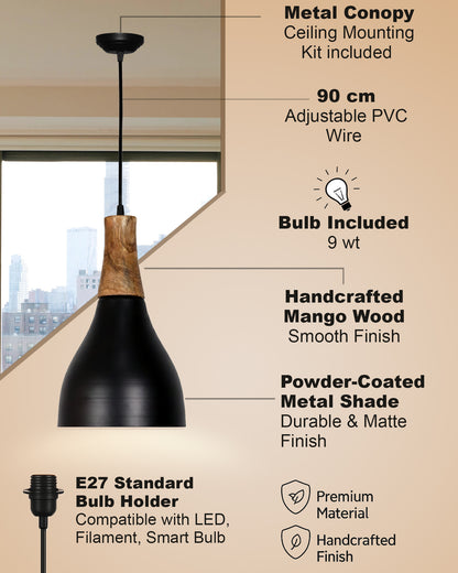 Homesake® Vanora Wooden Top Black Pendant Light for Living Room | Modern Dome Hanging Lamp for Bedroom & Dining | Wood Metal Warm Light, Croft, Step