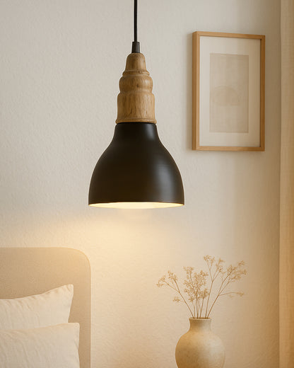 Homesake® Vanora Wooden Top Black Pendant Light for Living Room | Modern Dome Hanging Lamp for Bedroom & Dining | Wood Metal Warm Light, Croft, Step