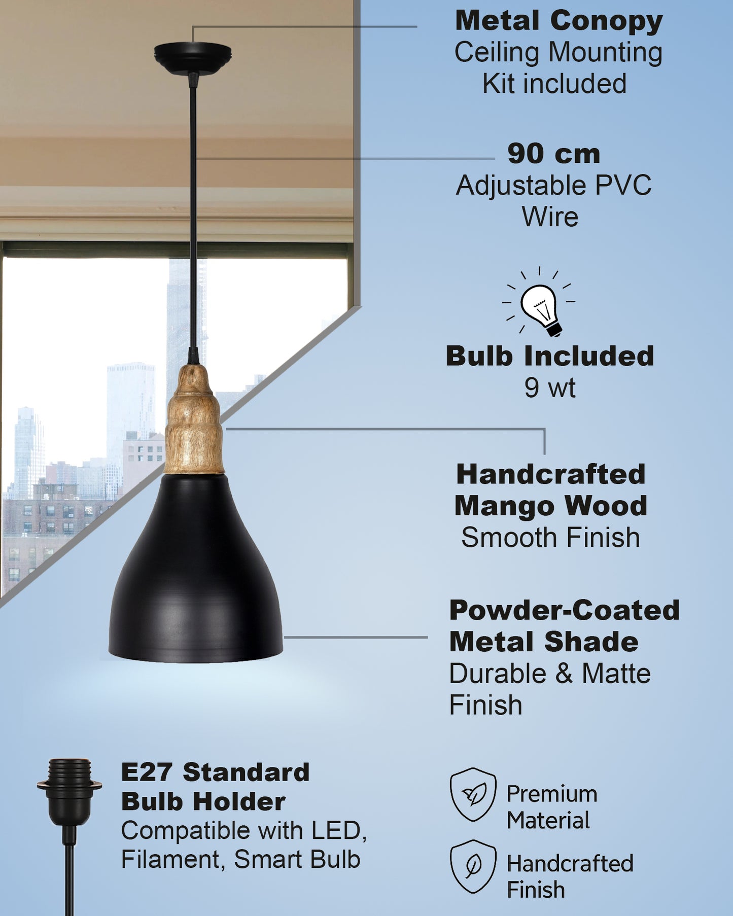 Homesake® Vanora Wooden Top Black Pendant Light for Living Room | Modern Dome Hanging Lamp for Bedroom & Dining | Wood Metal Warm Light, Croft, Step