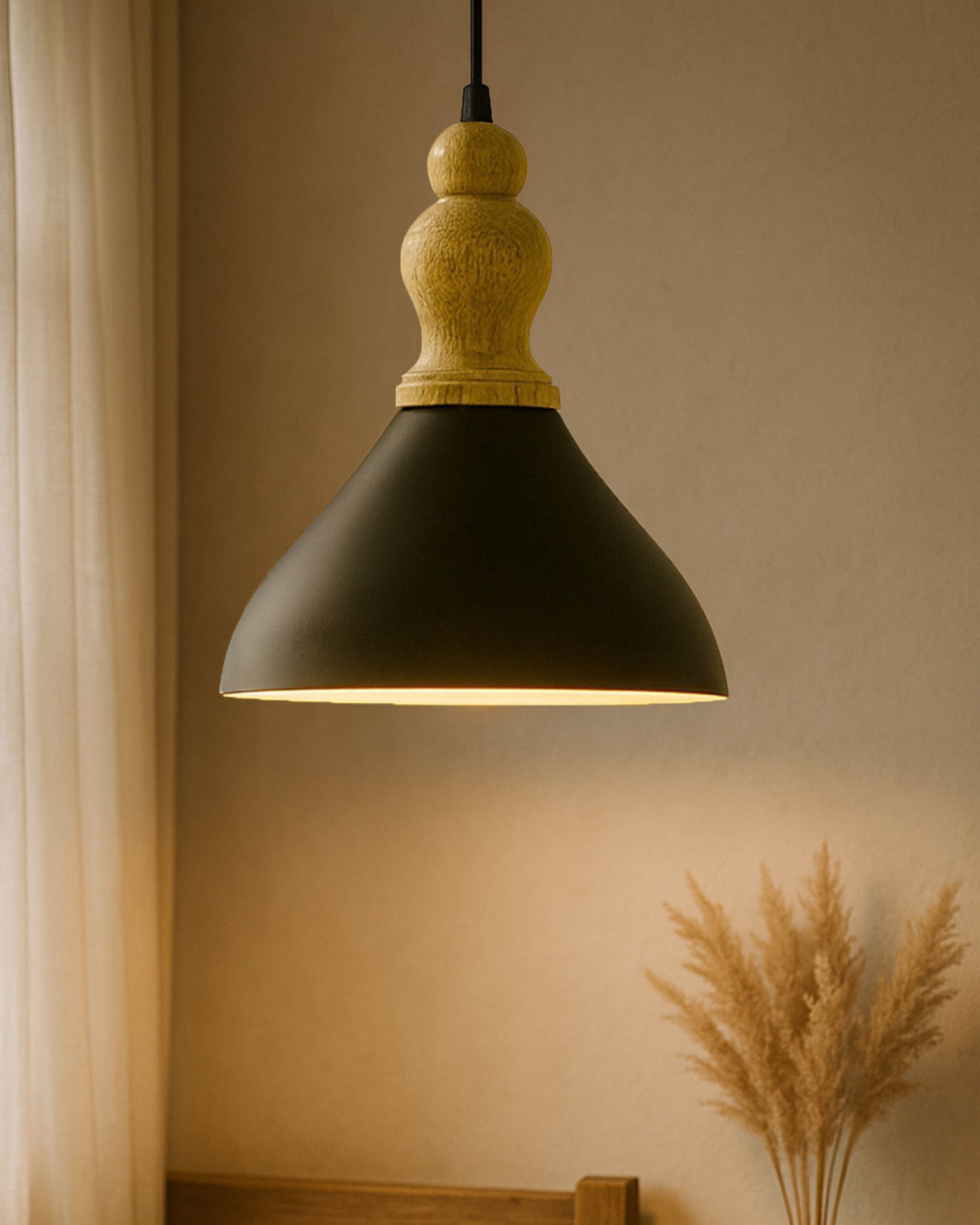 Homesake® Vanora Wooden Top Black Pendant Light for Living Room | Modern Dome Hanging Lamp for Bedroom & Dining | Wood Metal Warm Light, Croft