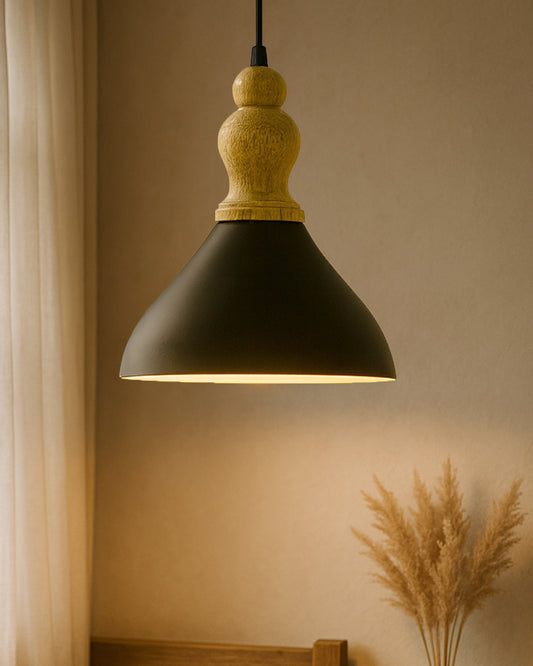 Homesake® Vanora Wooden Top Black Pendant Light for Living Room | Modern Dome Hanging Lamp for Bedroom & Dining | Wood Metal Warm Light, Croft