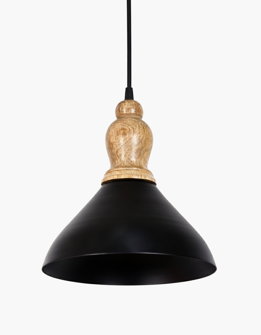 Homesake® Vanora Wooden Top Black Pendant Light for Living Room | Modern Dome Hanging Lamp for Bedroom & Dining | Wood Metal Warm Light, Croft