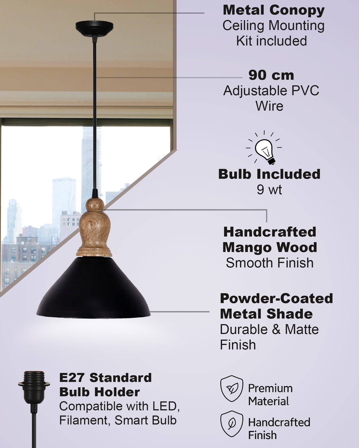 Homesake® Vanora Wooden Top Black Pendant Light for Living Room | Modern Dome Hanging Lamp for Bedroom & Dining | Wood Metal Warm Light, Croft