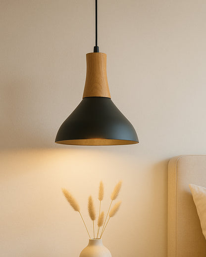 Homesake® Vanora Wooden Top Black Pendant Light for Living Room | Modern Dome Hanging Lamp for Bedroom & Dining | Wood Metal Warm Light, Croft