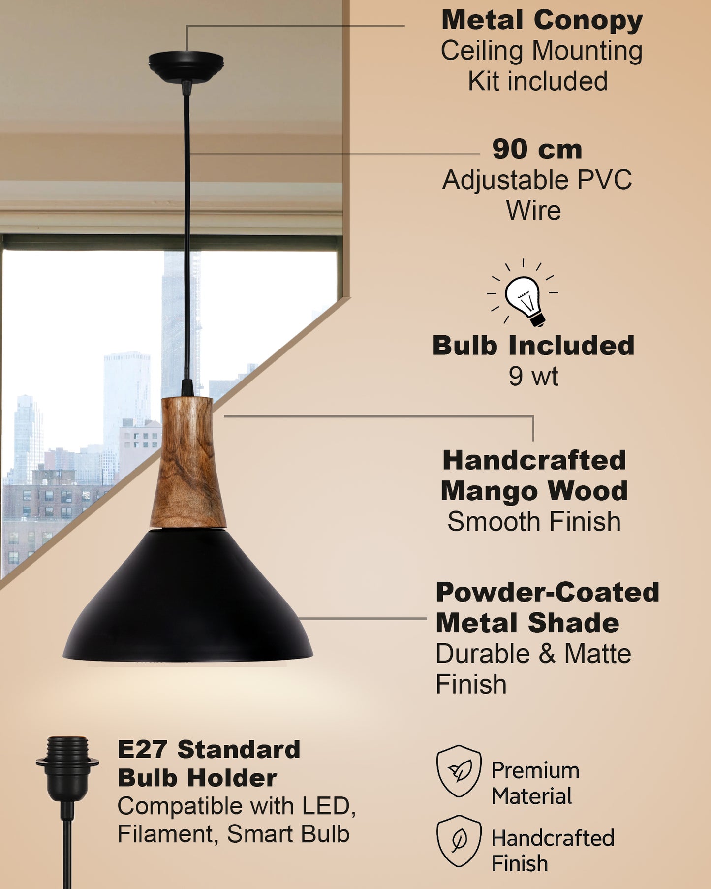 Homesake® Vanora Wooden Top Black Pendant Light for Living Room | Modern Dome Hanging Lamp for Bedroom & Dining | Wood Metal Warm Light, Croft