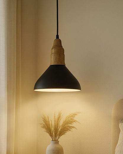 Homesake® Vanora Wooden Top Black Pendant Light for Living Room | Modern Dome Hanging Lamp for Bedroom & Dining | Wood Metal Warm Light, Croft