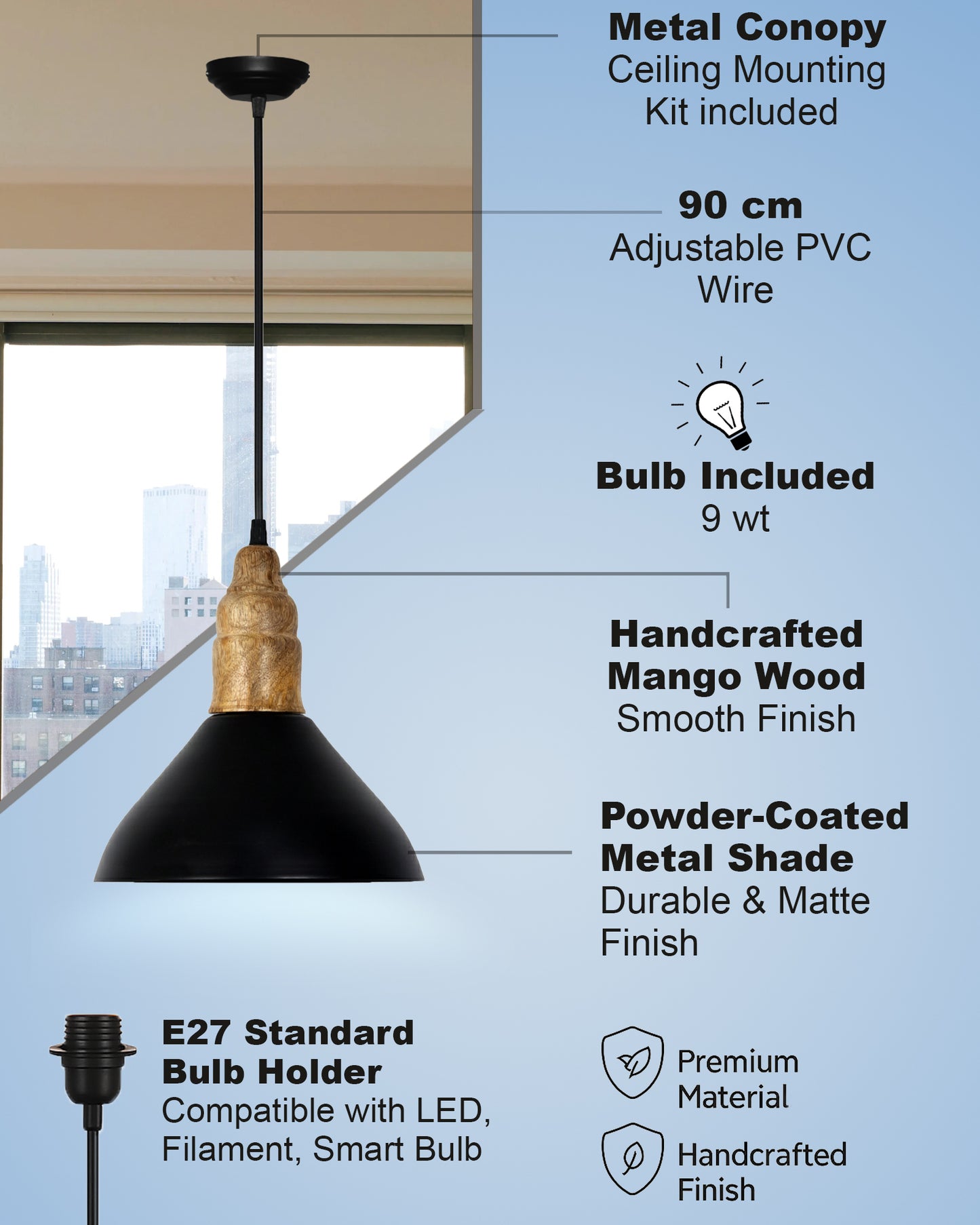 Homesake® Vanora Wooden Top Black Pendant Light for Living Room | Modern Dome Hanging Lamp for Bedroom & Dining | Wood Metal Warm Light, Croft