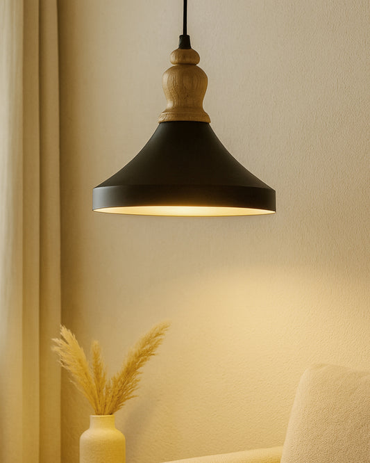 Homesake® Vanora Wooden Top Black Pendant Light for Living Room | Modern Dome Hanging Lamp for Bedroom & Dining | Wood Metal Warm Light, Parker