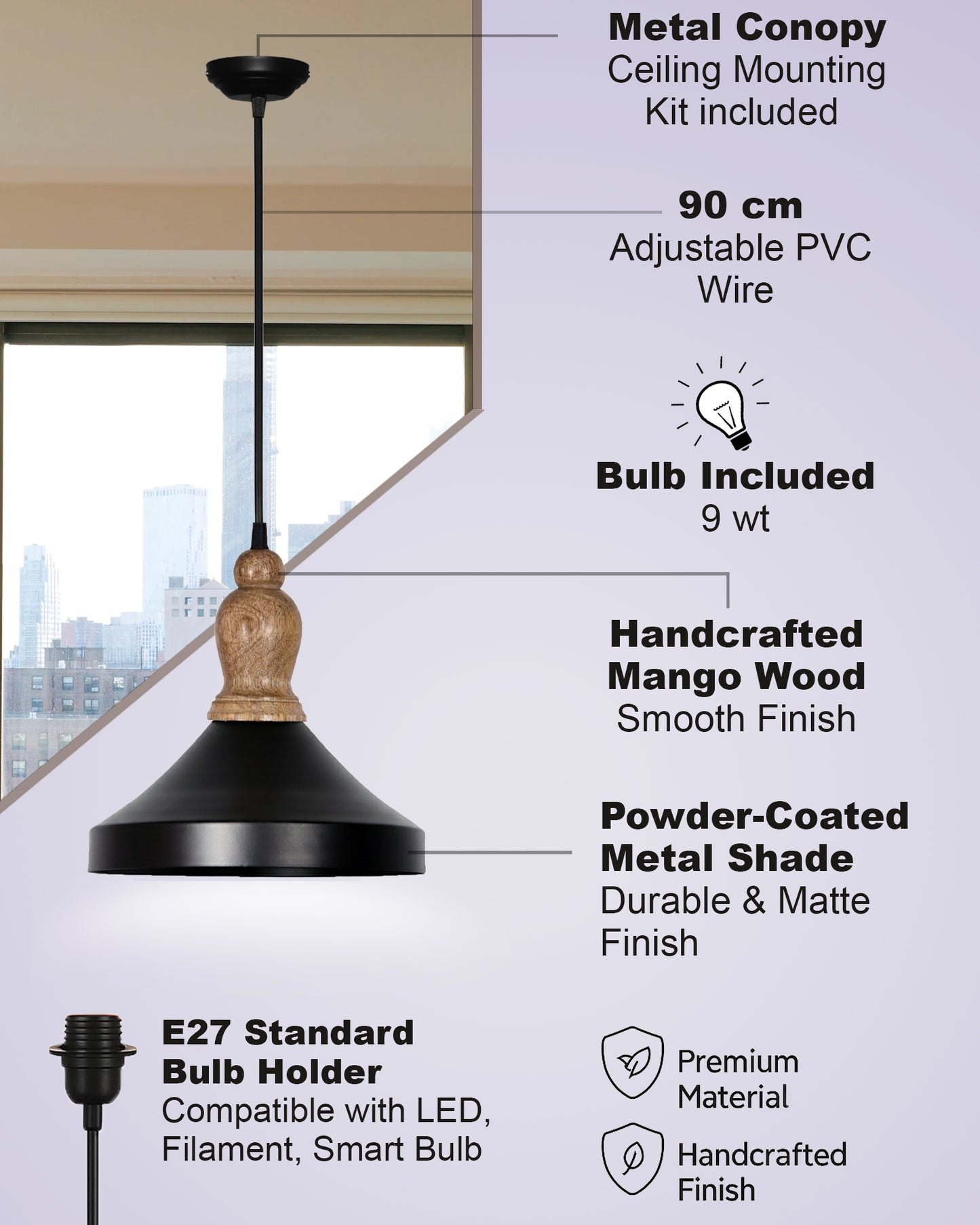 Homesake® Vanora Wooden Top Black Pendant Light for Living Room | Modern Dome Hanging Lamp for Bedroom & Dining | Wood Metal Warm Light, Parker