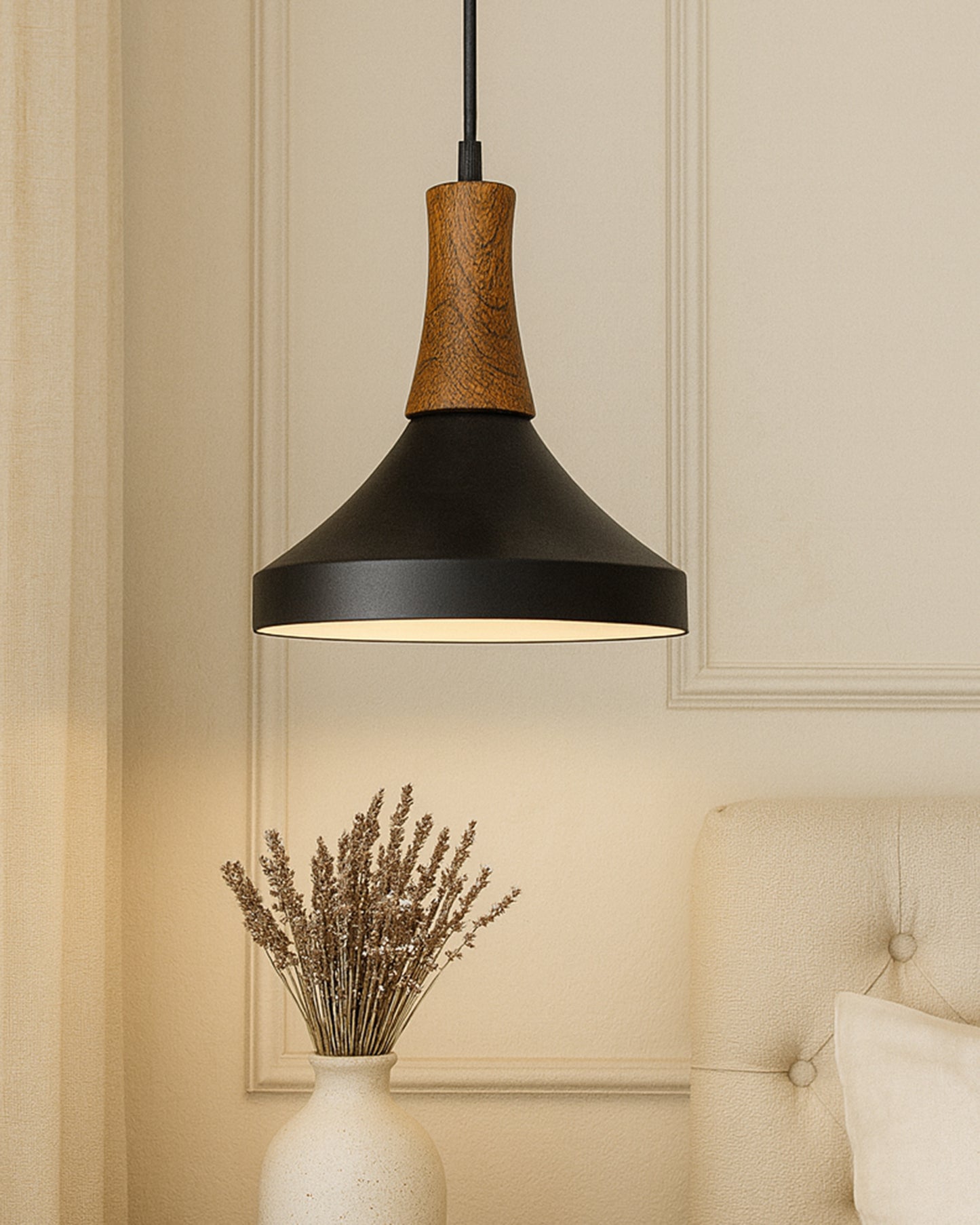 Homesake® Vanora Wooden Top Black Pendant Light for Living Room | Modern Dome Hanging Lamp for Bedroom & Dining | Wood Metal Warm Light, Parker
