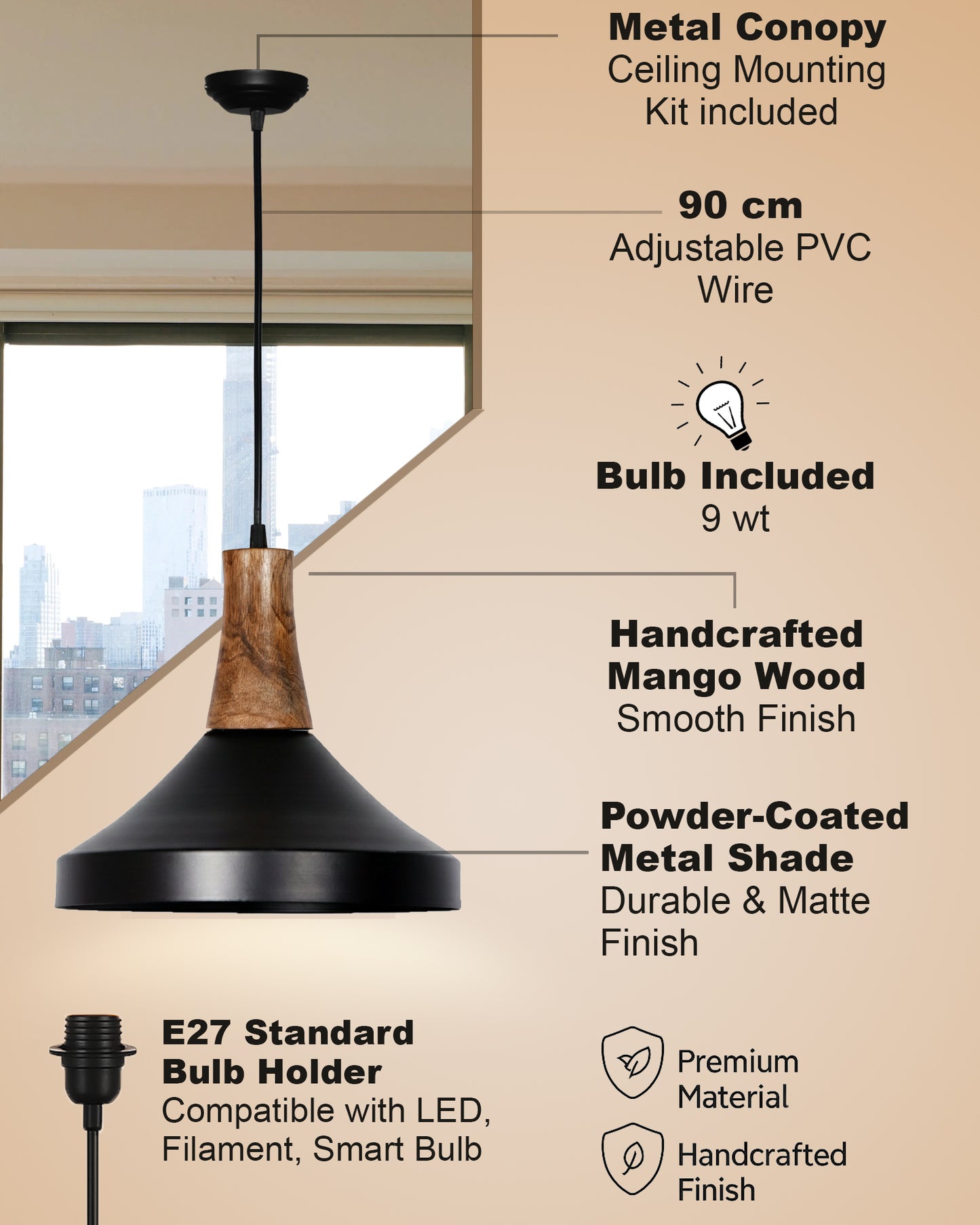 Homesake® Vanora Wooden Top Black Pendant Light for Living Room | Modern Dome Hanging Lamp for Bedroom & Dining | Wood Metal Warm Light, Parker