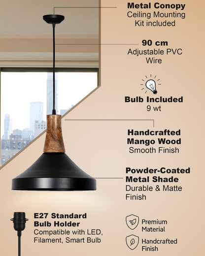 Homesake® Vanora Wooden Top Black Pendant Light for Living Room | Modern Dome Hanging Lamp for Bedroom & Dining | Wood Metal Warm Light, Parker