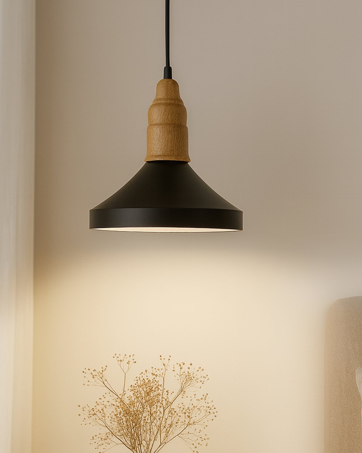 Homesake® Vanora Wooden Top Black Pendant Light for Living Room | Modern Dome Hanging Lamp for Bedroom & Dining | Wood Metal Warm Light, Parker