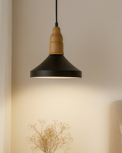 Homesake® Vanora Wooden Top Black Pendant Light for Living Room | Modern Dome Hanging Lamp for Bedroom & Dining | Wood Metal Warm Light, Parker