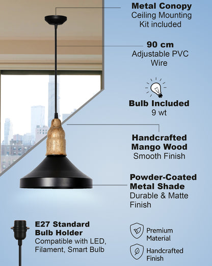 Homesake® Vanora Wooden Top Black Pendant Light for Living Room | Modern Dome Hanging Lamp for Bedroom & Dining | Wood Metal Warm Light, Parker