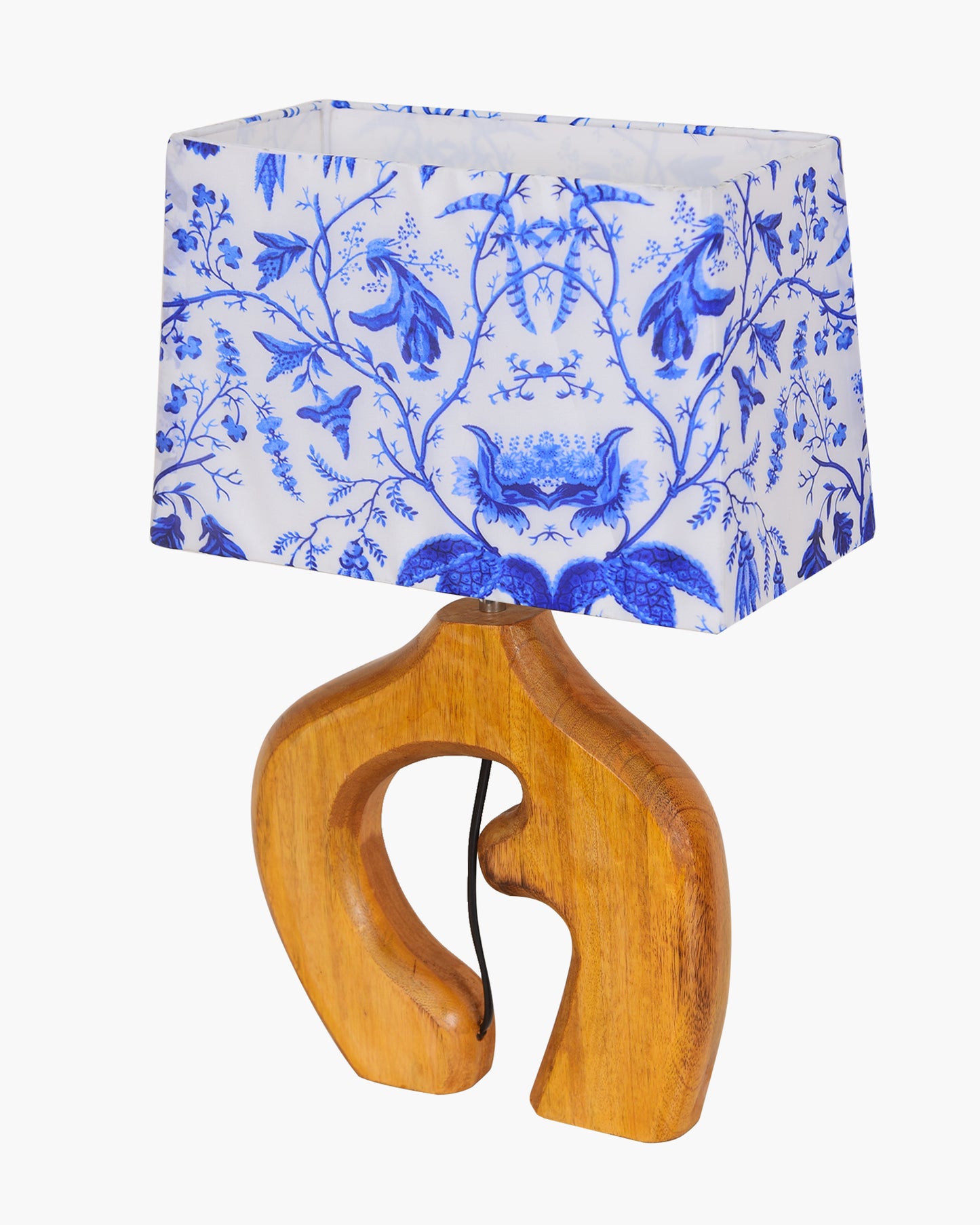 Homesake® Ellora Sculpted Wood Table Lamp with Fabric Shade – Hand-Carved Arch Base, Light for Bedroom & Living Room, Blue Bird Rectangle