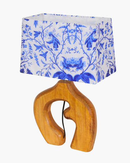 Homesake® Ellora Sculpted Wood Table Lamp with Fabric Shade – Hand-Carved Arch Base, Light for Bedroom & Living Room, Blue Bird Rectangle