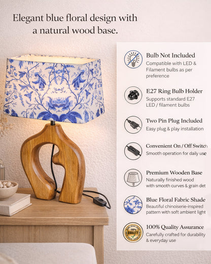 Homesake® Ellora Sculpted Wood Table Lamp with Fabric Shade – Hand-Carved Arch Base, Light for Bedroom & Living Room, Blue Bird Rectangle