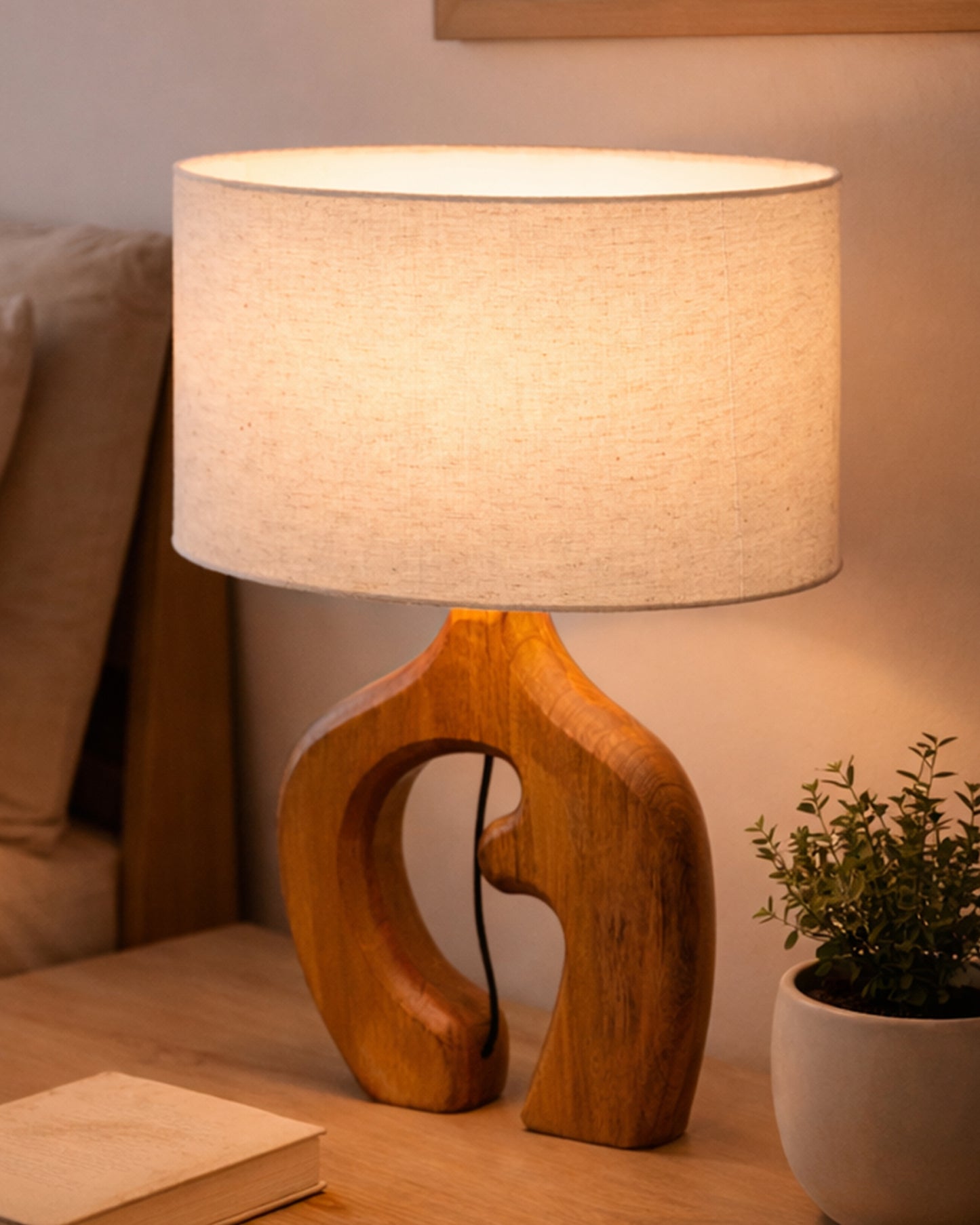 Homesake® Ellora Sculpted Wood Table Lamp with Fabric Shade – Hand-Carved Arch Base, Light for Bedroom & Living Room, Blue Bird Rectangle