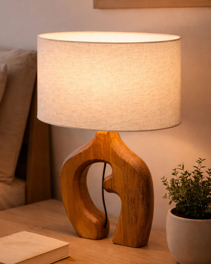 Homesake® Ellora Sculpted Wood Table Lamp with Fabric Shade – Hand-Carved Arch Base, Light for Bedroom & Living Room, Blue Bird Rectangle