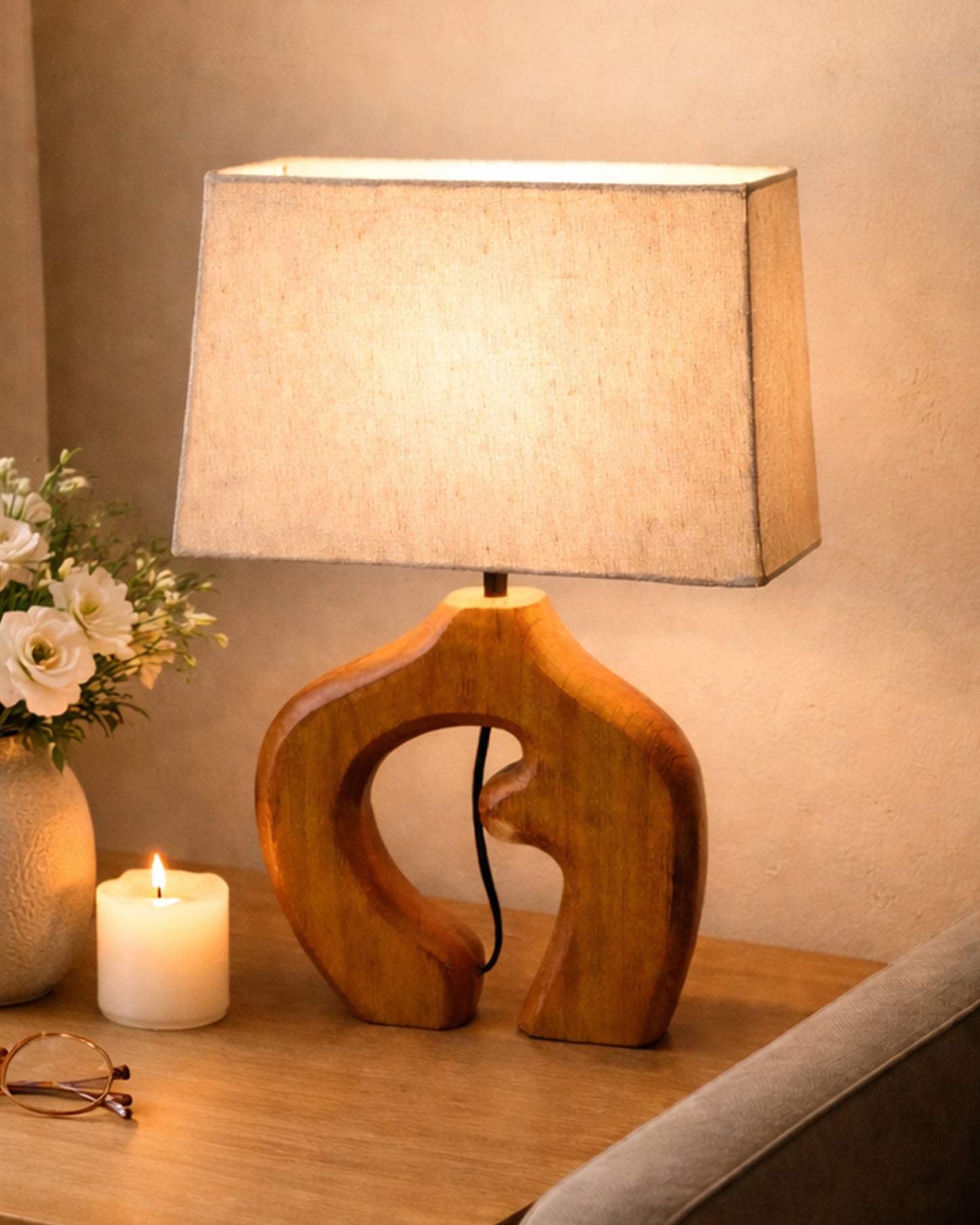 Homesake® Ellora Sculpted Wood Table Lamp with Fabric Shade – Hand-Carved Arch Base, Light for Bedroom & Living Room, Blue Bird Rectangle