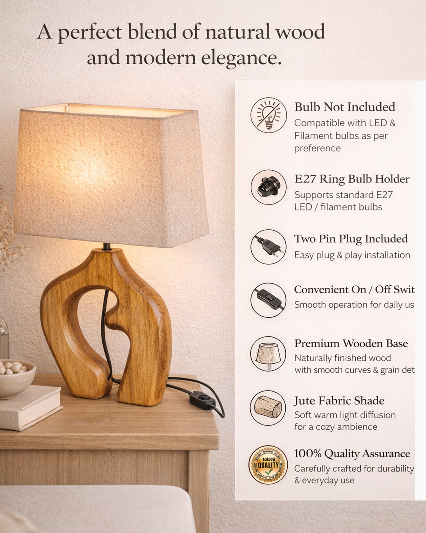 Homesake® Ellora Sculpted Wood Table Lamp with Fabric Shade – Hand-Carved Arch Base, Light for Bedroom & Living Room, Blue Bird Rectangle