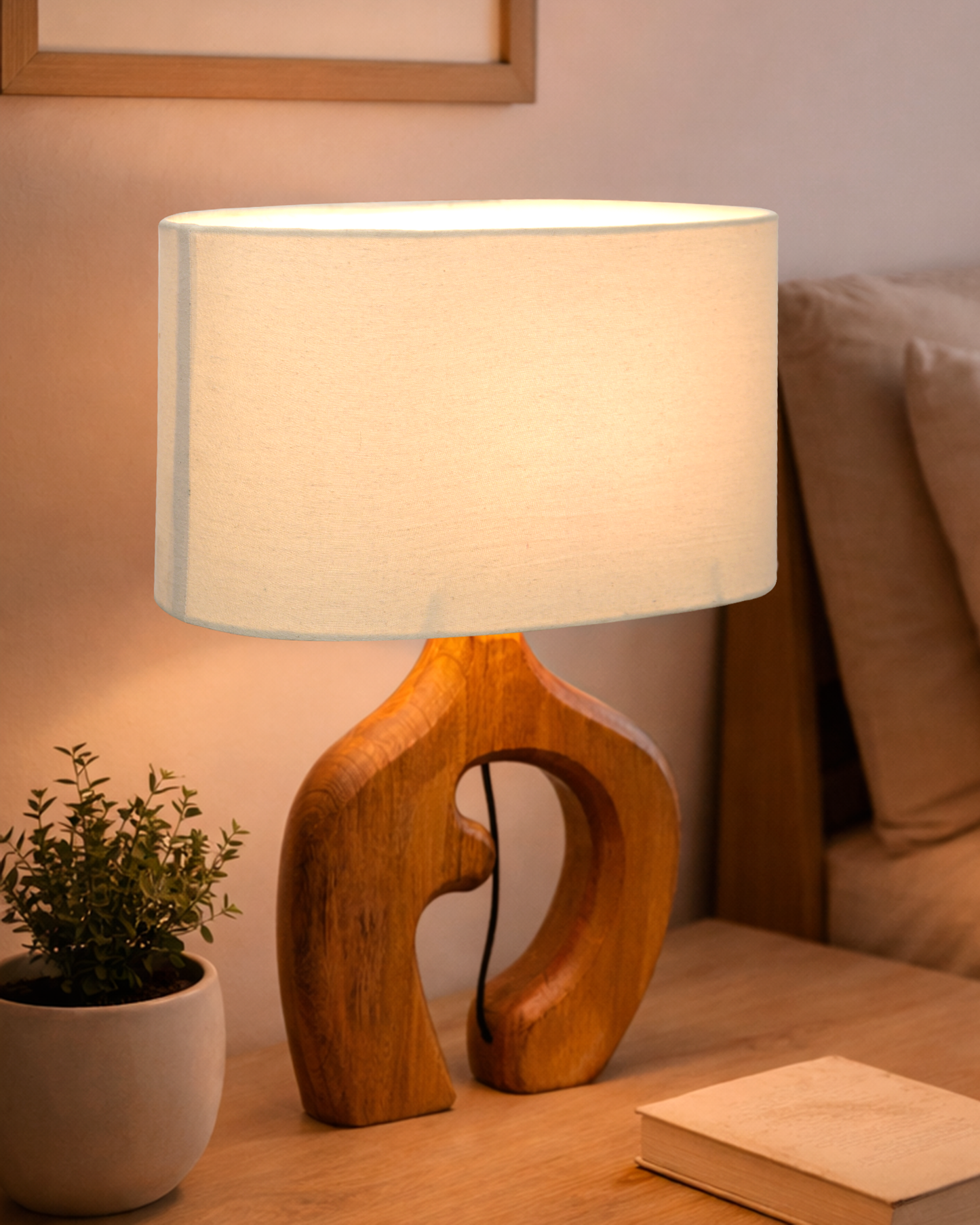 Homesake® Ellora Sculpted Wood Table Lamp with Fabric Shade – Hand-Carved Arch Base, Light for Bedroom & Living Room, Blue Bird Rectangle