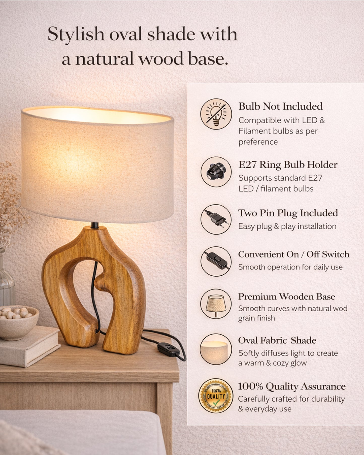 Homesake® Ellora Sculpted Wood Table Lamp with Fabric Shade – Hand-Carved Arch Base, Light for Bedroom & Living Room, Blue Bird Rectangle