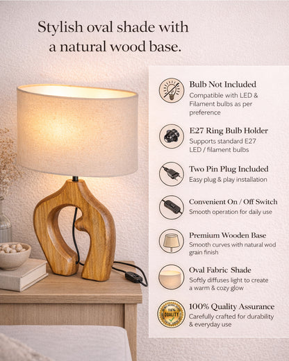 Homesake® Ellora Sculpted Wood Table Lamp with Fabric Shade – Hand-Carved Arch Base, Light for Bedroom & Living Room, Blue Bird Rectangle