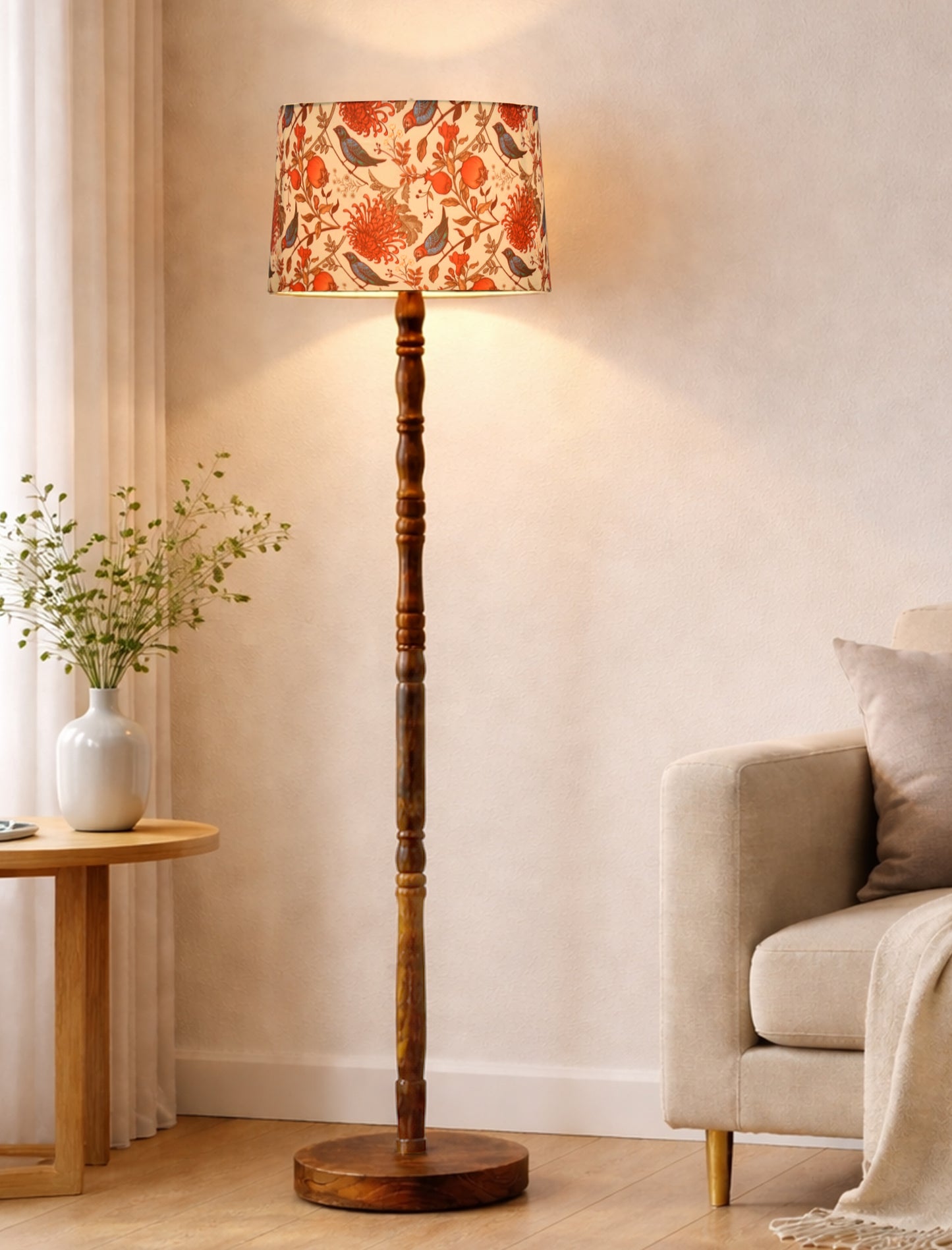 Homesake® Mid Century Solid Wood Antique Floor Lamp,Hand turned Floor Lamp Wood for Living Room,Stand Lamp with Fabric Lampshade for Bedroom, Study Room and Office