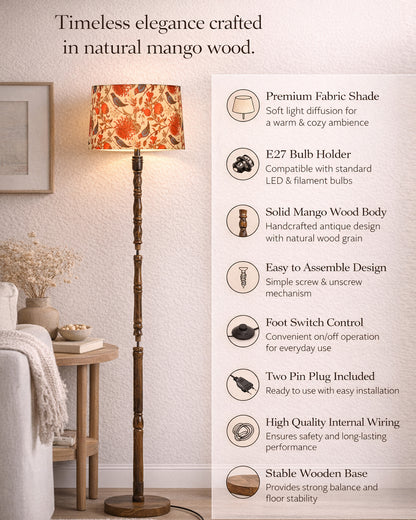 Homesake® Mid Century Solid Wood Antique Floor Lamp,Hand turned Floor Lamp Wood for Living Room,Stand Lamp with Fabric Lampshade for Bedroom, Study Room and Office