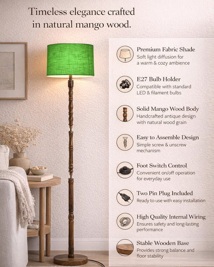 Homesake® Mid Century Solid Wood Antique Floor Lamp,Hand turned Floor Lamp Wood for Living Room,Stand Lamp with Fabric Lampshade for Bedroom, Study Room and Office