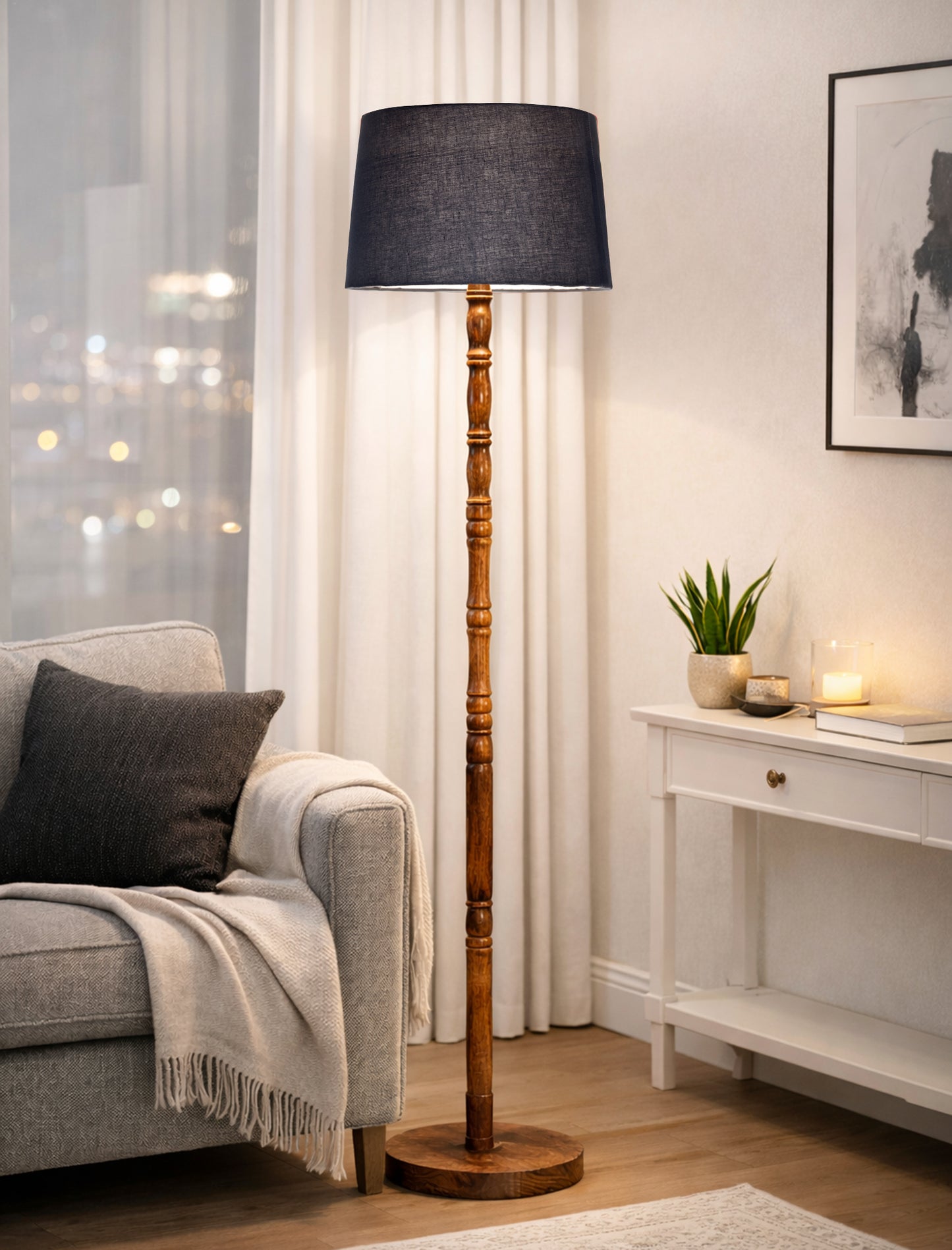 Homesake® Mid Century Solid Wood Antique Floor Lamp,Hand turned Floor Lamp Wood for Living Room,Stand Lamp with Fabric Lampshade for Bedroom, Study Room and Office