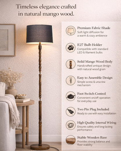 Homesake® Mid Century Solid Wood Antique Floor Lamp,Hand turned Floor Lamp Wood for Living Room,Stand Lamp with Fabric Lampshade for Bedroom, Study Room and Office