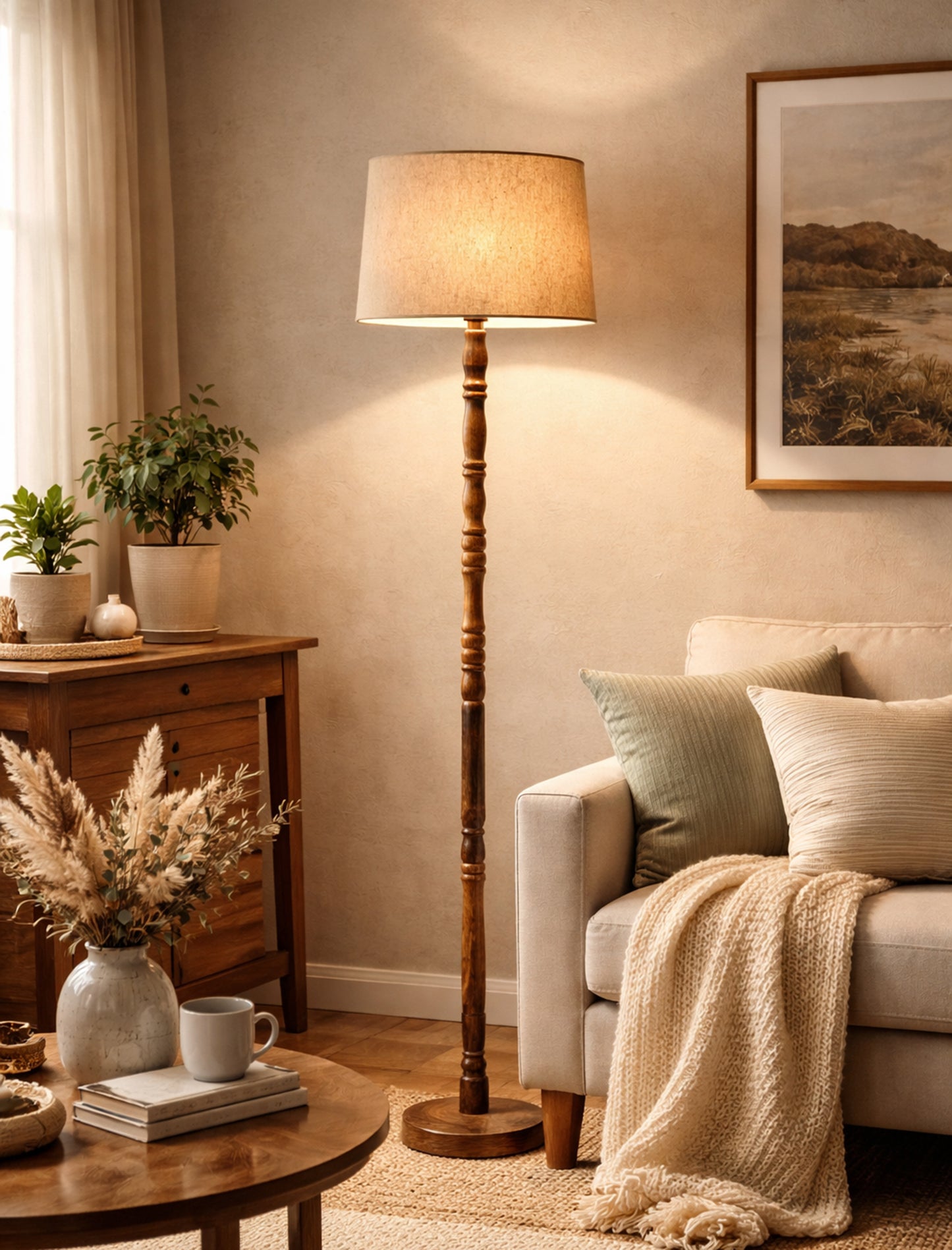 Homesake® Mid Century Solid Wood Antique Floor Lamp,Hand turned Floor Lamp Wood for Living Room,Stand Lamp with Fabric Lampshade for Bedroom, Study Room and Office