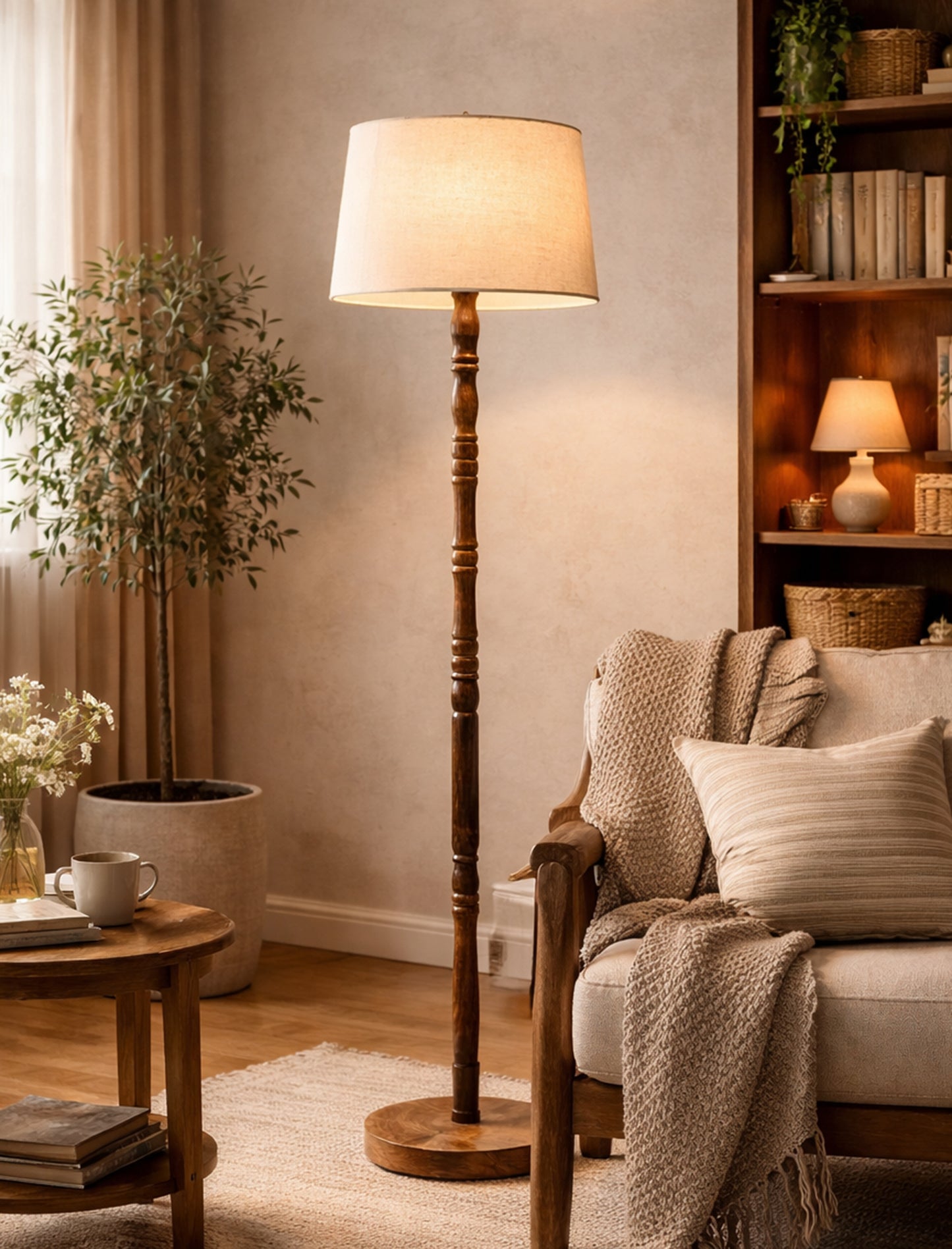 Homesake® Mid Century Solid Wood Antique Floor Lamp,Hand turned Floor Lamp Wood for Living Room,Stand Lamp with Fabric Lampshade for Bedroom, Study Room and Office