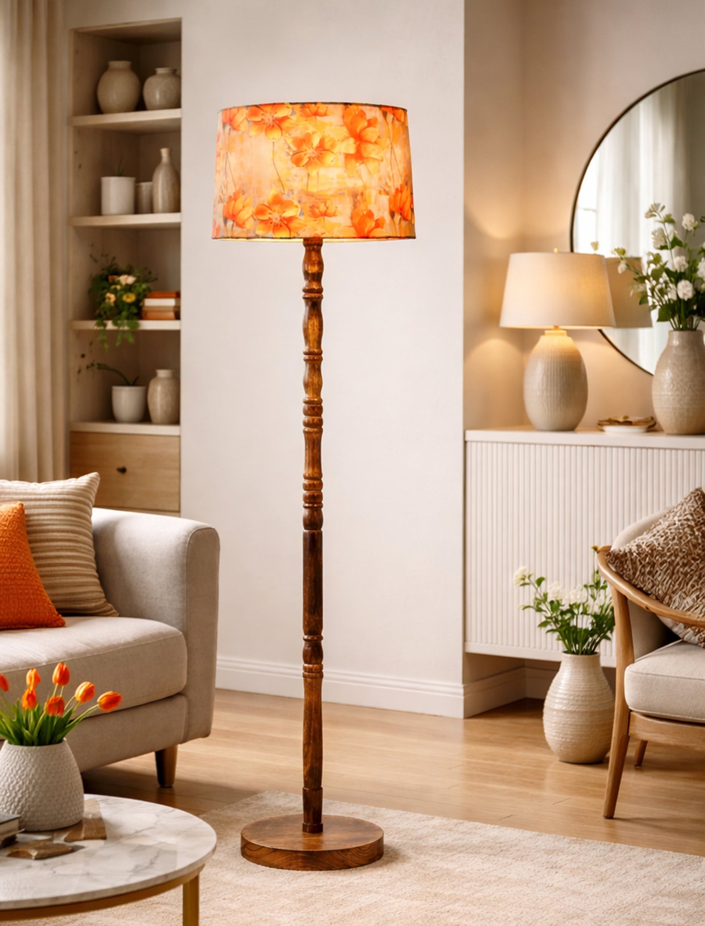 Homesake® Mid Century Solid Wood Antique Floor Lamp,Hand turned Floor Lamp Wood for Living Room,Stand Lamp with Fabric Lampshade for Bedroom, Study Room and Office