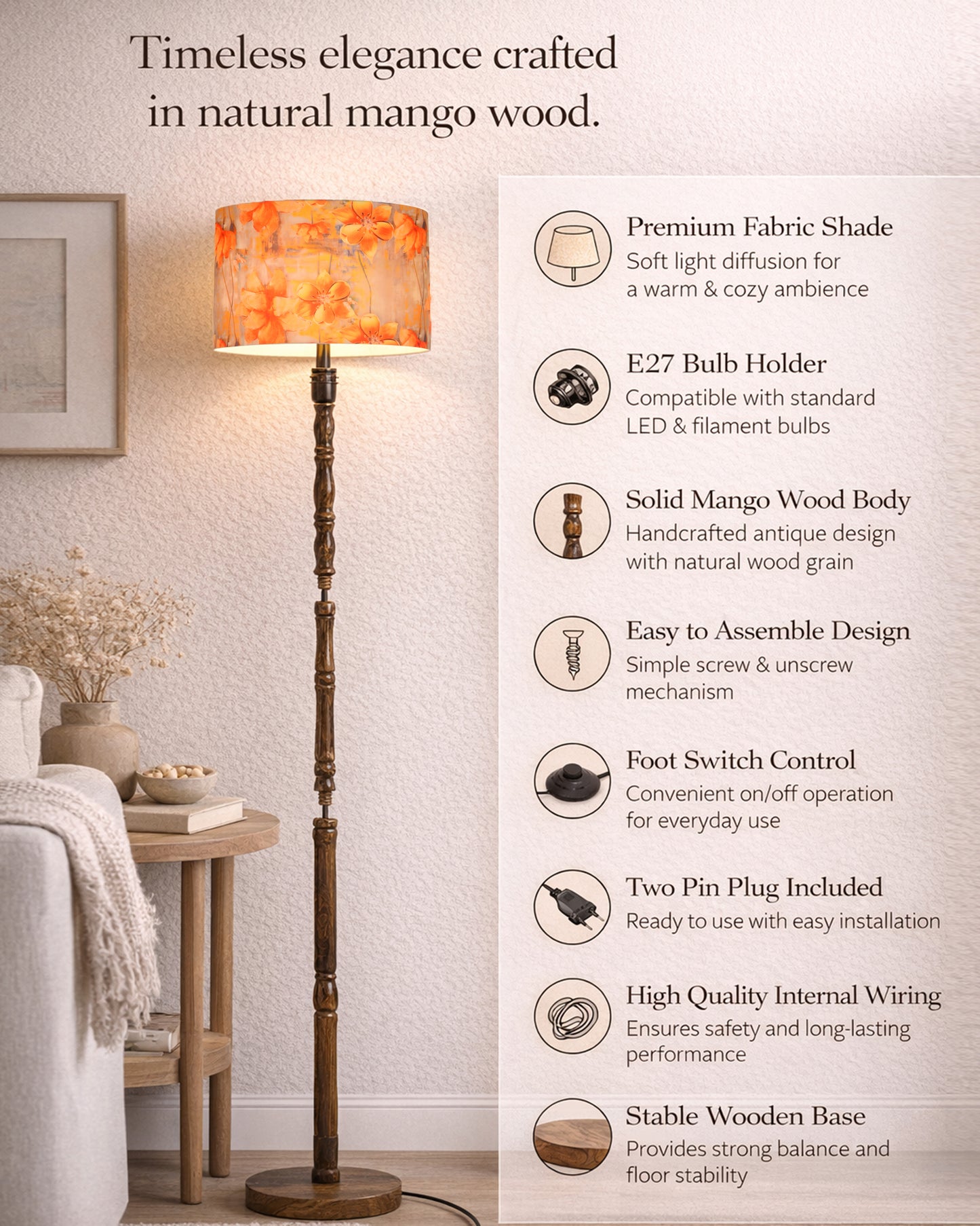 Homesake® Mid Century Solid Wood Antique Floor Lamp,Hand turned Floor Lamp Wood for Living Room,Stand Lamp with Fabric Lampshade for Bedroom, Study Room and Office